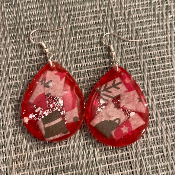 XMAS Handmade Festive Medium Holiday Earrings Red Teardrop - Picture 3 of 9